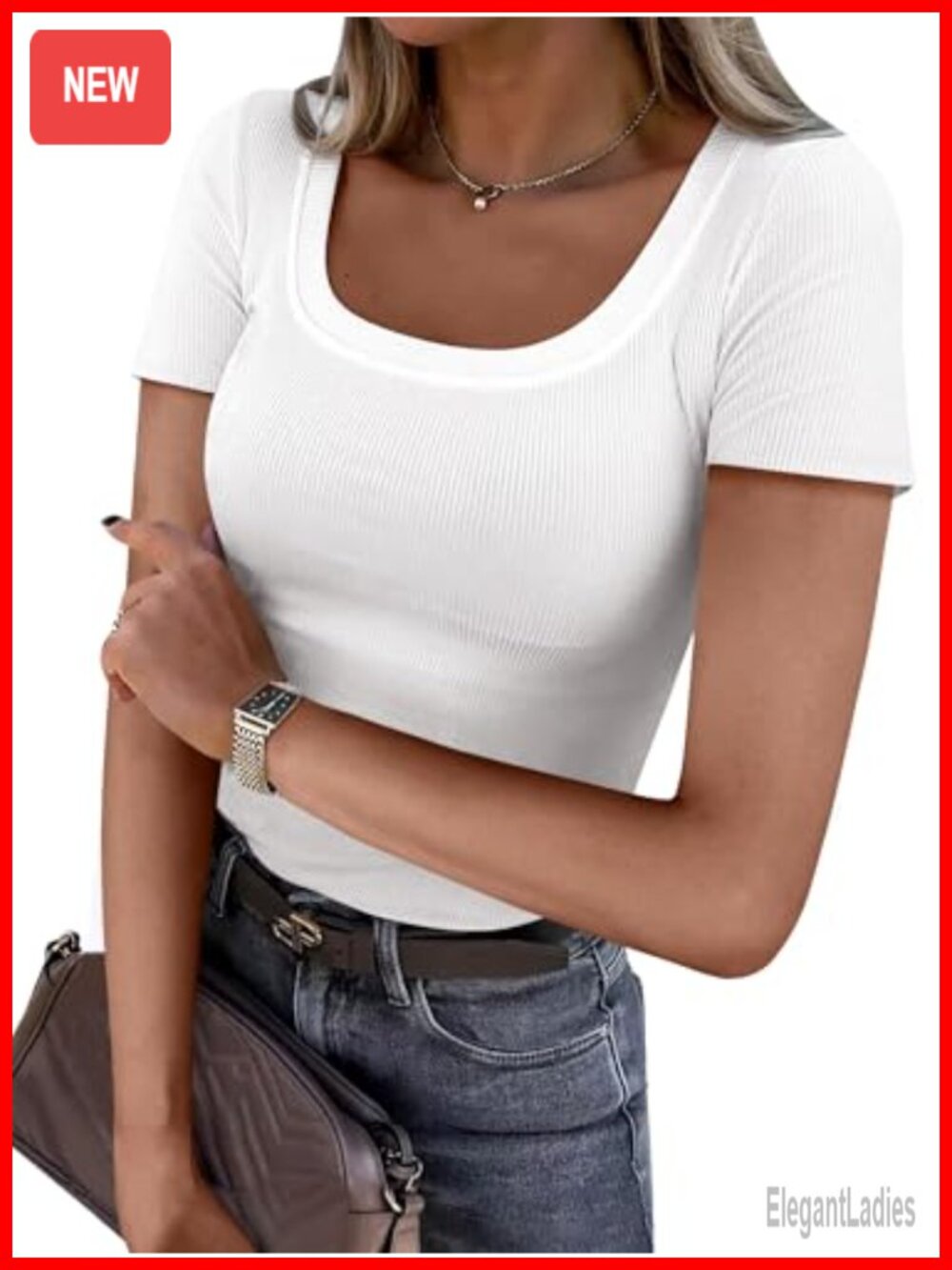Women's Short Sleeve Ribbed Scoop Neck Slim Fit T-Shirt